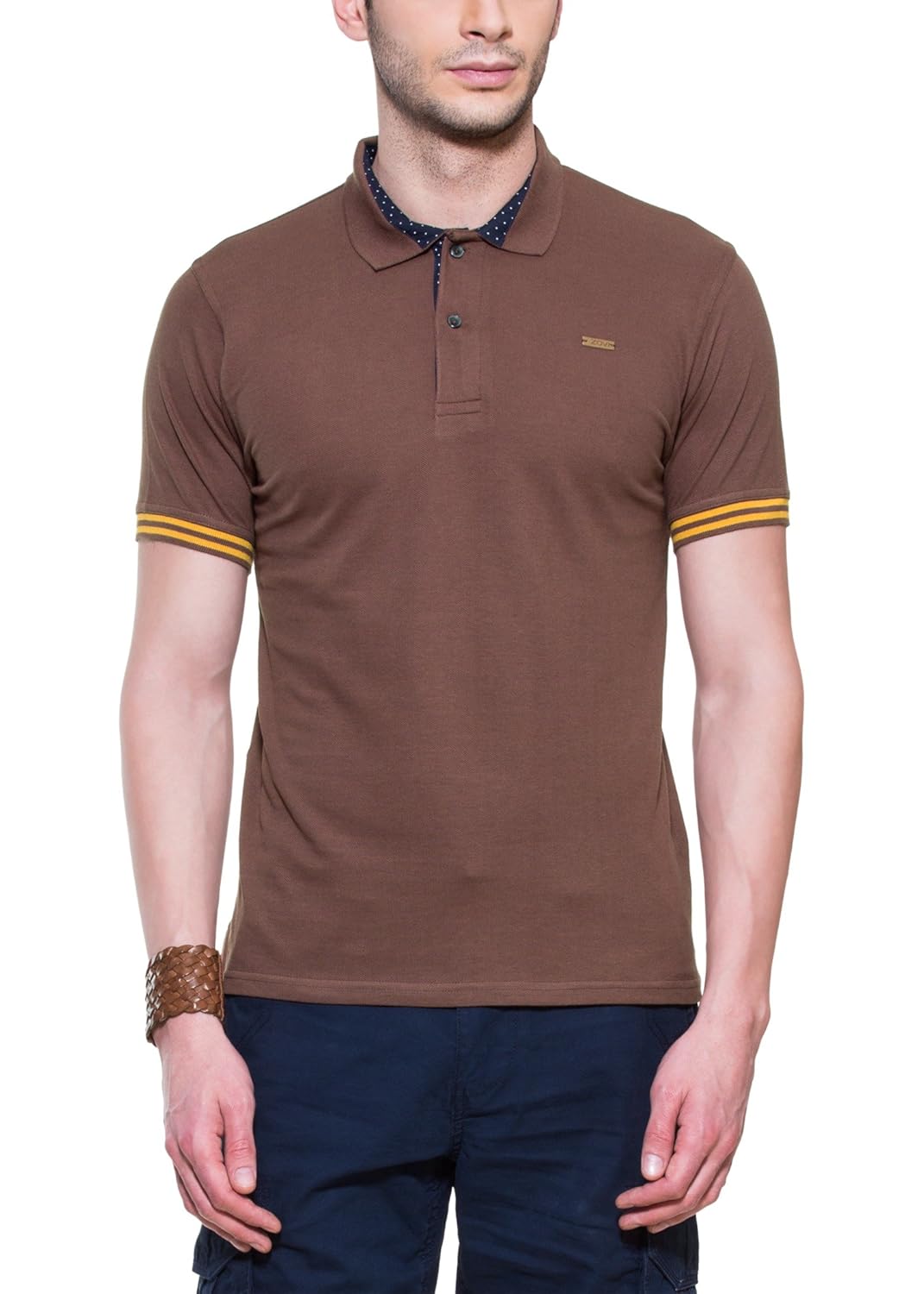 Buy Zovi Chocolate Brown Solid Polo TShirt with Polka Dots and