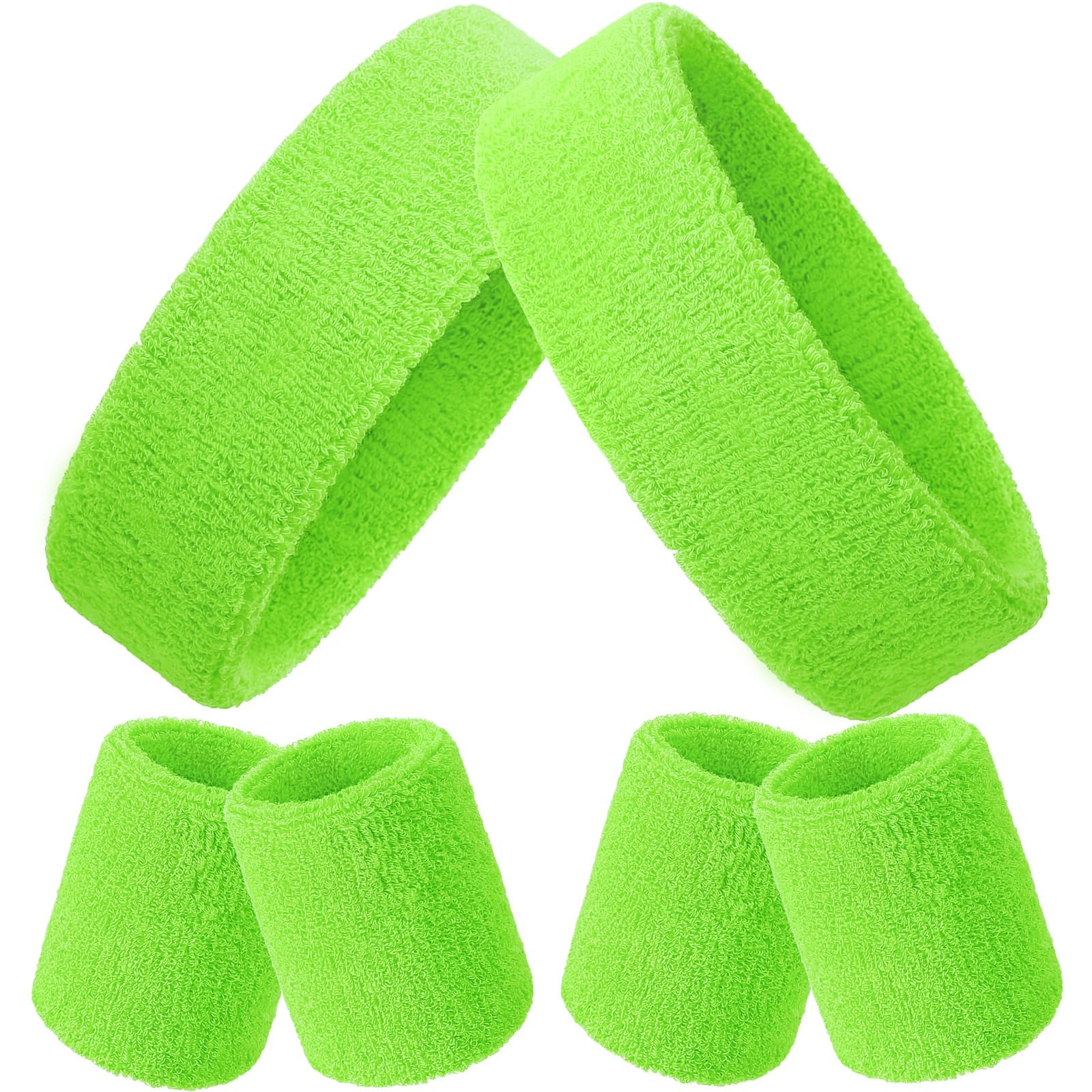 Sports Headbands Set, Includes Sports Headband and Wrist Bands, Sports Headband Set, Cotton Colourful for Men and Women (Neon Green, 6 Pieces)