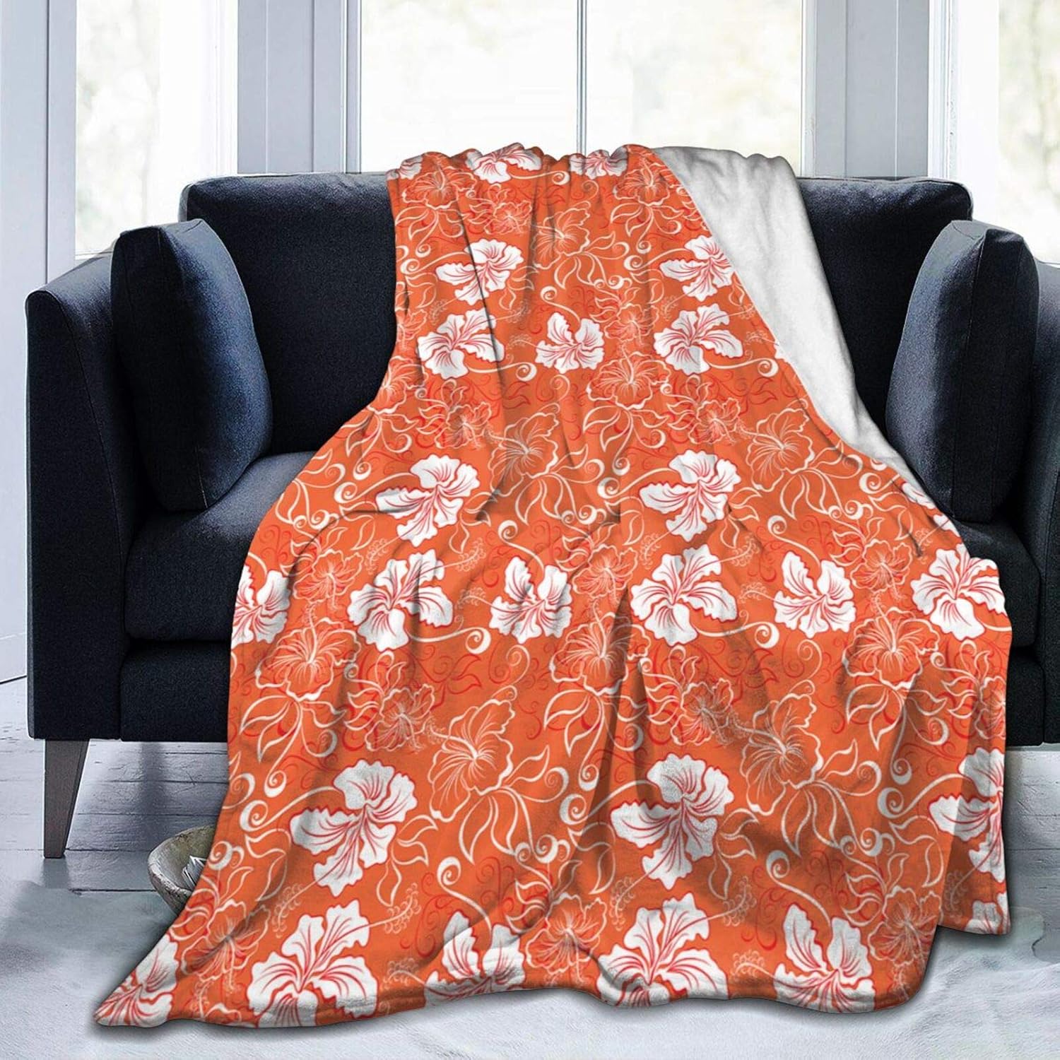 COFEIYISI Luxury Throw Blanket,Orange Hawaiian Summer Hibiscus Print