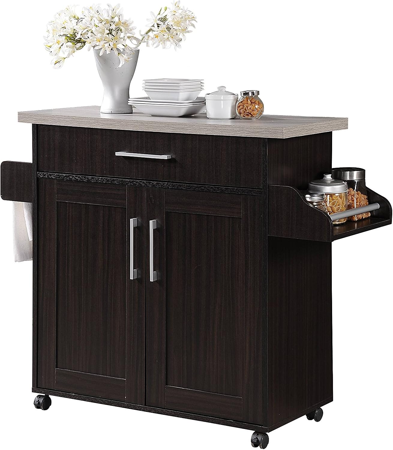 Hodedah Kitchen Island with Spice Rack, Towel Rack & Drawer, Chocolate with Grey Top: Furniture & Decor