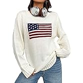 SweatyRocks Women's Flag Pattern Long Sleeve Round Neck Sweater Casual Loose Pullover Sweater