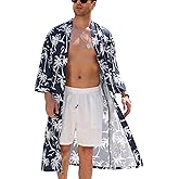 ODIZLI Men's Kimono Robe Tropical Print Long Sleeve Open Front Robe with Belt Japanese Bathrobe Nightgown for Beach Vacation