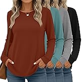 Huukeay 4 Pack Womens Long Sleeve Shirts Loose Fit Tunic Tops Crew Neck Curved Hem Basic Casual Layering Shirts
