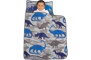 Everything Kids Blue and Grey Dino Toddler Nap Mat with Pillow and Blanket