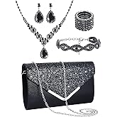 Henoyso 5 Pcs Rhinestone Jewelry Sets Prom Purse Jewelry Rhinestone Clutch Purse Bride Necklace Earrings Bracelets for Women