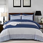 Cottolester Full Size Comforter Navy Blue Striped Comforters for Boys&Girls,7 Pieces Bed in A Bag Simple Neutral-Style Bedding Sets for Kids Teen