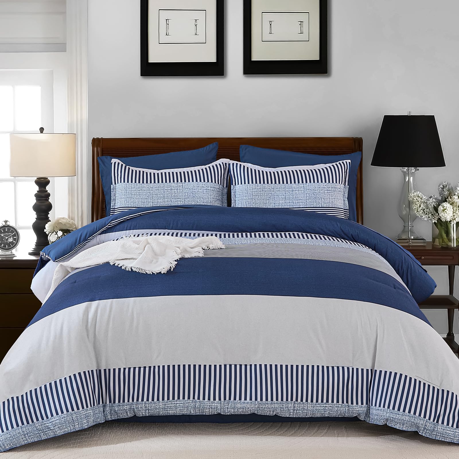 Photo 1 of Full Size Comforter Navy Blue Striped Comforters for Boys&Girls,7 Pieces Bed in A Bag Simple Neutral-Style Bedding Sets for Kids Teen