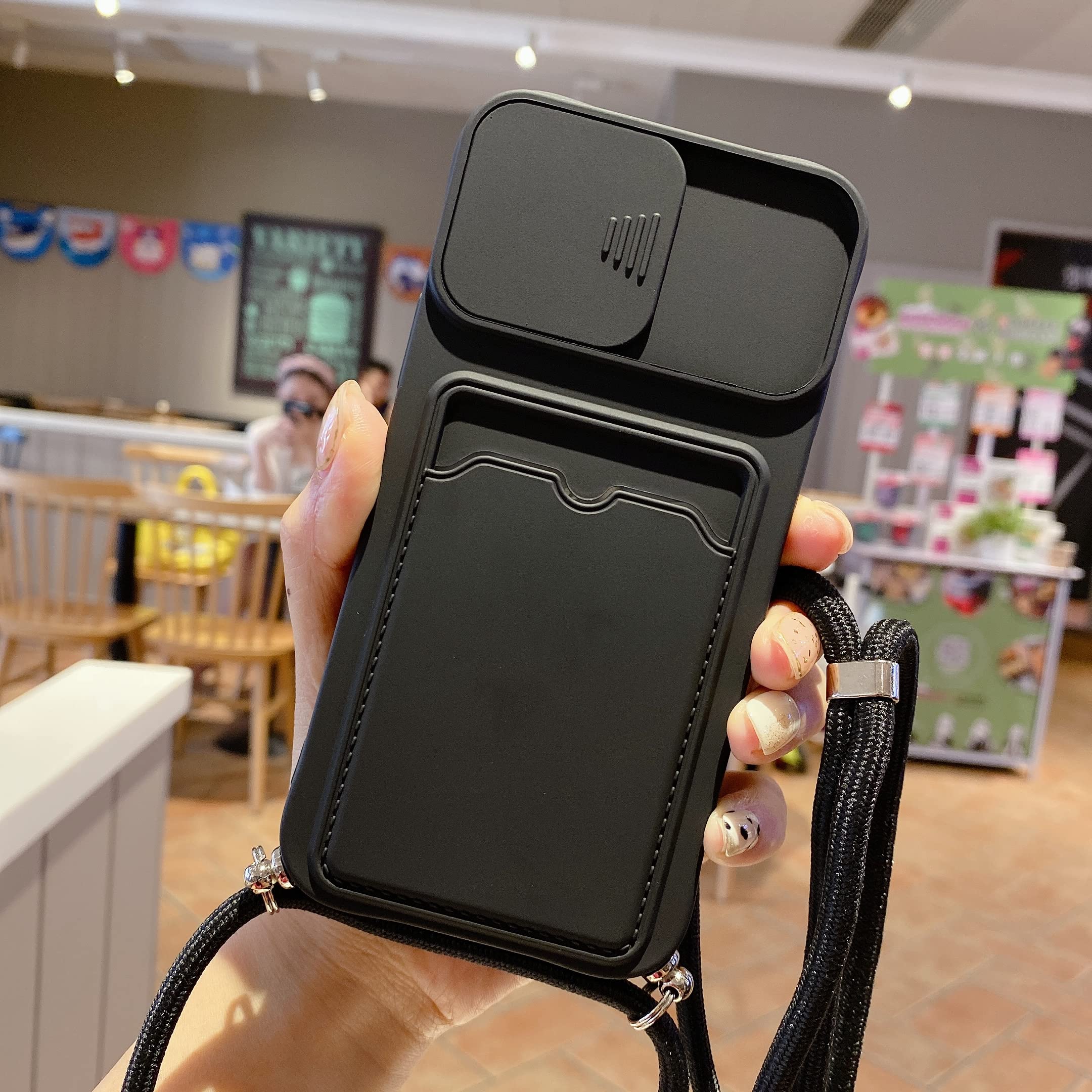 UEEBAI Crossbody Case for iPhone XR with Camera Cover, Silicone Card Holder Phone Cover with Adjustable Necklace Strap Cord Lanyard Shockproof Protective Case - Black