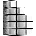 SONGMICS Shoe Boxes, Pack of 12 Shoe Storage Organizers, Stackable Clear Plastic Boxes for Closet, Sneakers, 9.9 x 13.7 x 7.4 Inches, Fit up to US Size 13, Transparent and Black ULSP007B12