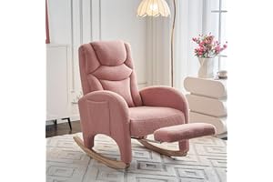 Wrofly Nursery Rocking Chair with Foot Rest, Modern Upholstered Glider Chair with High Back Pocket, Comfy Accent Rocker Armchair Sherpa Lounge Reading Chair for Living Room Bedroom, Pink Teddy