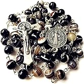 elegantmedical Natural AGATE Beads Saint St. BENEDICT Rosary Necklace Box Cross Catholic Gift