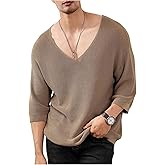 Verdusa Men's V Neck Drop Shoulder Lightweight Sweaters 3/4 Sleeve Knit Tops