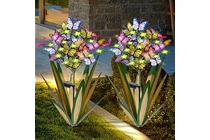 HOMIGHT Solar Metal Agave Butterfly Flower Stick Garden Sculpture - Outdoor Christmas Lights With Swaying Butterfly - Solar Powered Gift (2 PCS Light Green)