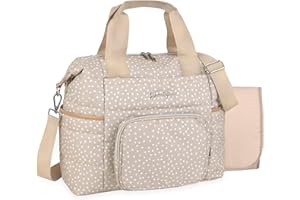 Jessica Simpson Quilted Baby Essentials Multifunction Multi-Pocket Fashion Diaper Bag Luggage Tote with Magnetic Front Wipes Pocket, Bottle Pockets & Changing Pad for Infant Boys & Girls in Taupe Dots