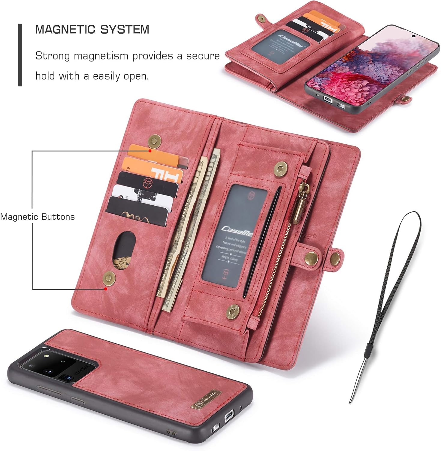 UFinetech Detachable Samsung Galaxy S20 FE Case Wallet Leather TPU Magnetic Flip Slot Card Holder Zipper Stylish 2020 Luxury 2-in-1 Multifunction Purse Holster Cover for Samsung Galaxy S20 FE 5G Red - Image 4