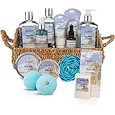 Bath Spa Gift Sets - Luxury Basket With Ocean & Coconut - Spa Kit Includes Wash, Bubble Bath, Lotion, Bath Salts, Body Scrub, Body Spray, Shower Puff, Bathbombs, Soap in Wooden Basket