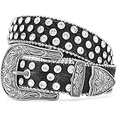 WERFORU Western Rhinestone Leather Belt,Cowgirl Cowboy Bling Belt For Jeans With Silver Vintage Western Buckle