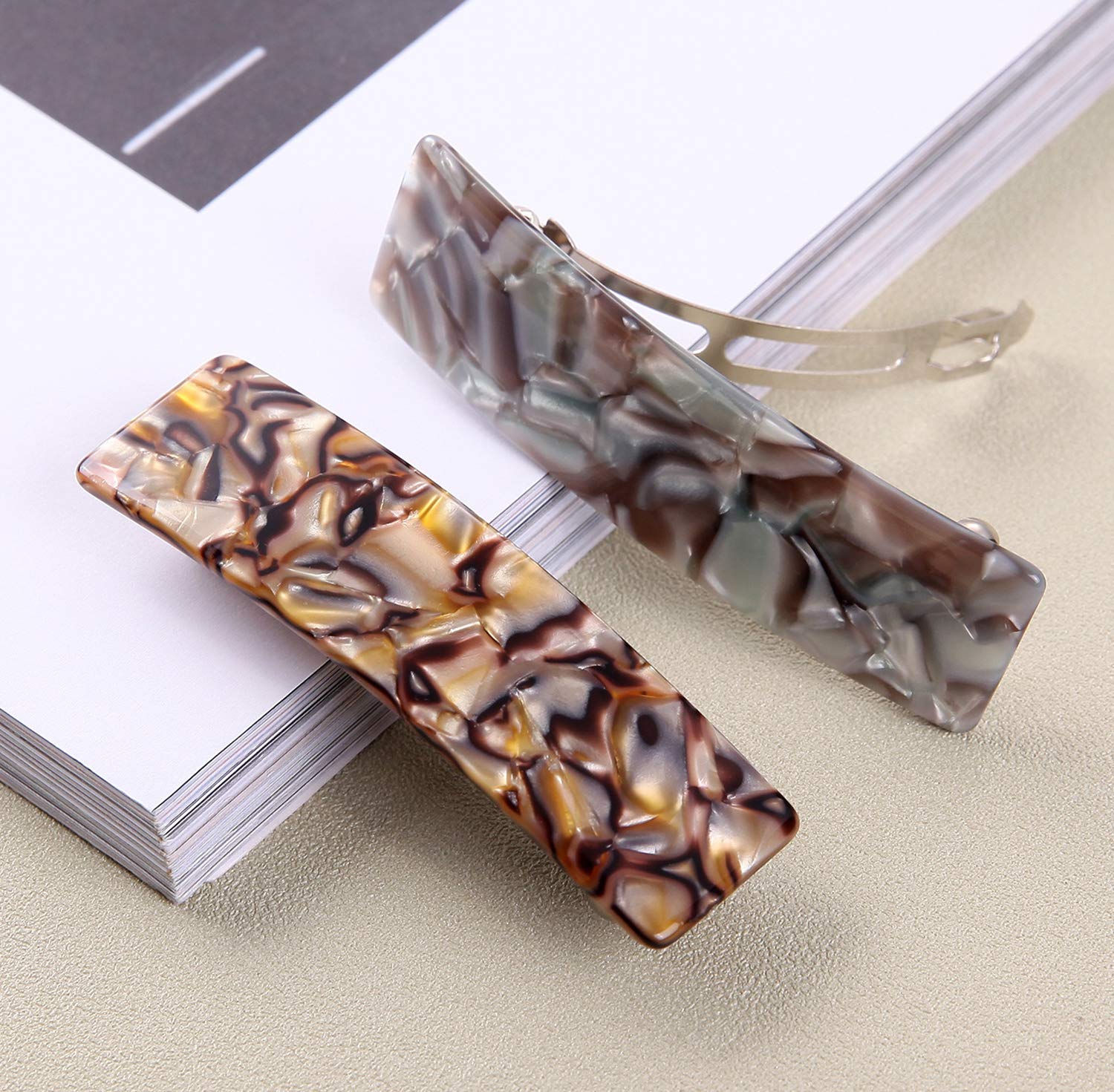 2PCS Hair Barrettes Tortoise Shell French Design Celluloid Rectangle Hair Clips for Women : Beauty
