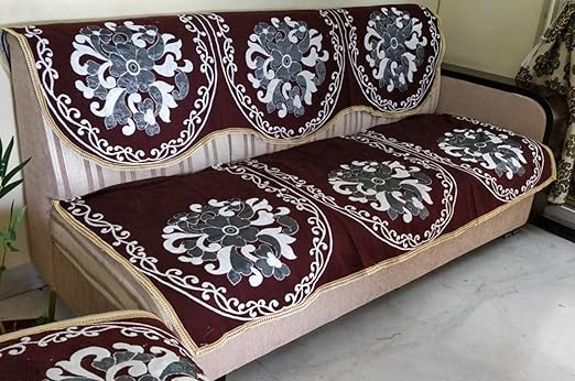 Griihams Premium 5 Seater Brown Floral Gold and Silver Thread Work Sofa Cover SB8- (3+1+1) 90% Cotton 10% Polyster