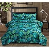 Tropical Green Palm Tree Leaf Print Bedspread Set - King Size Reversible Lightweight Quilts with Pillow Shams
