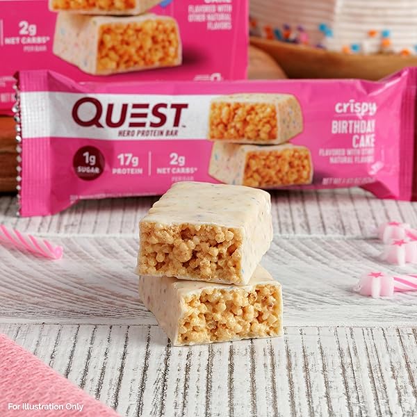 QUEST NUTRITION CRISPY BIRTHDAY CAKE HERO PROTEIN BAR, 17G PROTEIN, 1G SUGAR, 2G NET CARBS, GLUTEN FREE PROTEIN SNACK, KETO FRIENDLY, 12 COUNT