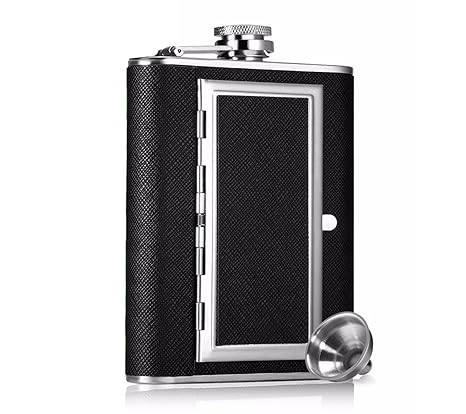 NISUN Stainless Steel Pocket Hip Flask with Funnel and Cigarette Case, 6 Oz