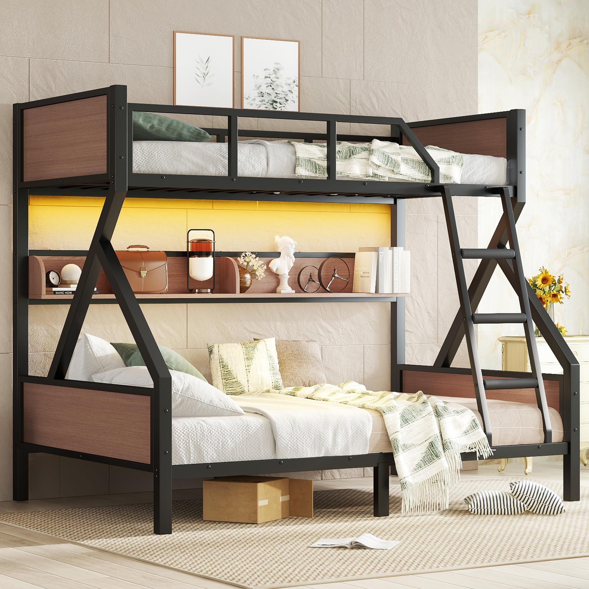 Photo 1 of *** BOX 2 ONLY/USED/MINOR DAMAGE/UNKNOWN MISSING PARTS AND HARDWARE***Bellemave Twin Over Full Size Bunk Bed with Storage Shelves and LED Lights,Heavy Duty Adult Bunk Beds with Angled Ladder,Metal Bunk Bed Twin Over Full,Black