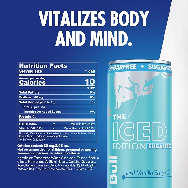RED BULL ICED EDITION SUGARFREE ENERGY DRINK, ICED VANILLA BERRY, 8.4 FL. OZ., PACK OF 4, WITH 80MG CAFFEINE, TAURINE & B VITAMINS