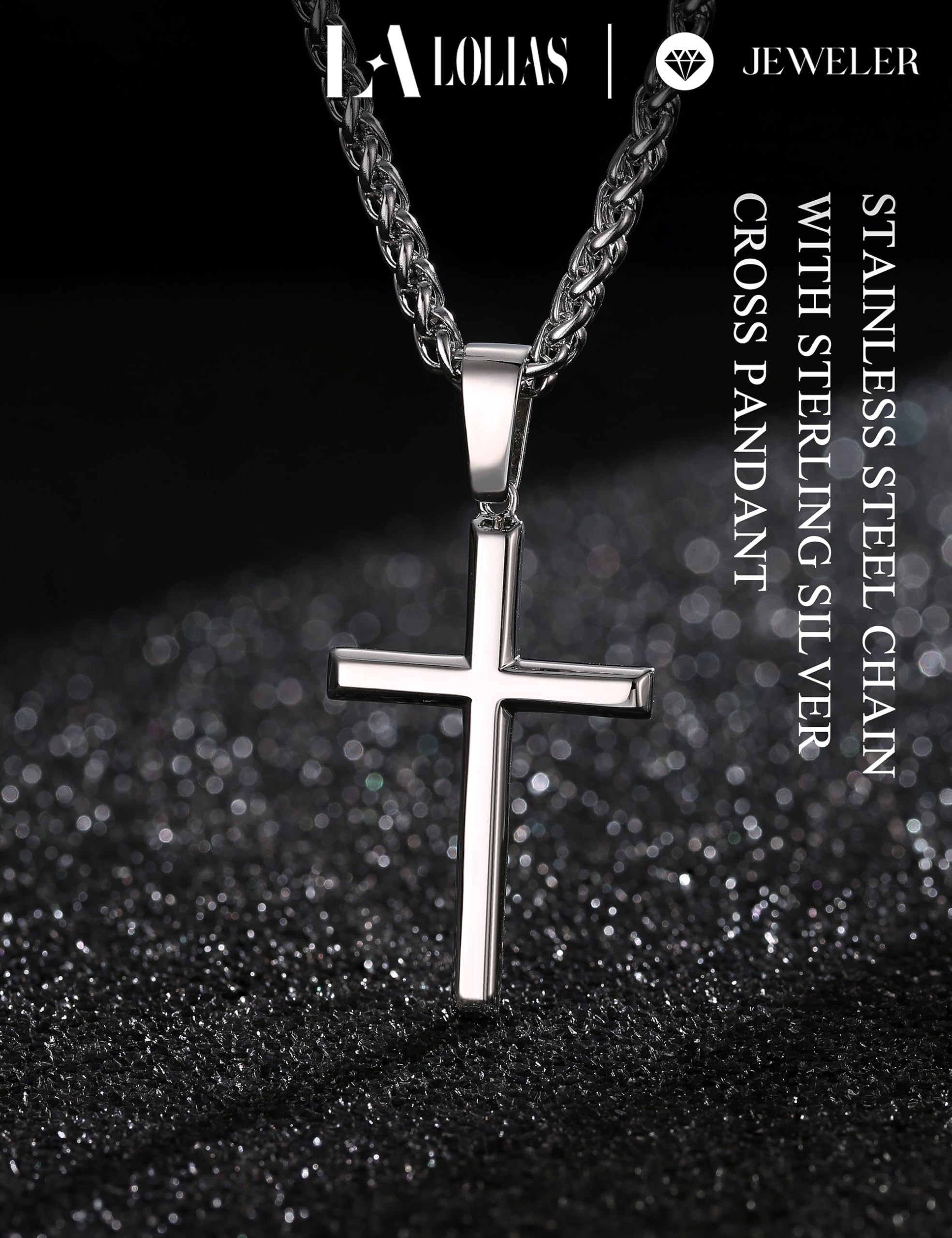 LOLIAS 925 Sterling Silver Cross Necklace Men-Removable Silver Cross Pendant with Hypoallergenic 316L Stainless Steel Wheat Chain Crucifix Necklace Jewelry for Mens Women, 16-30 Inches