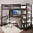 Merax Wood Loft Bed with Desk and Shelves : Twin Size Bed with Storage Shelves and Under-Bed Desk, Twin Loft Bed, Espresso Color
