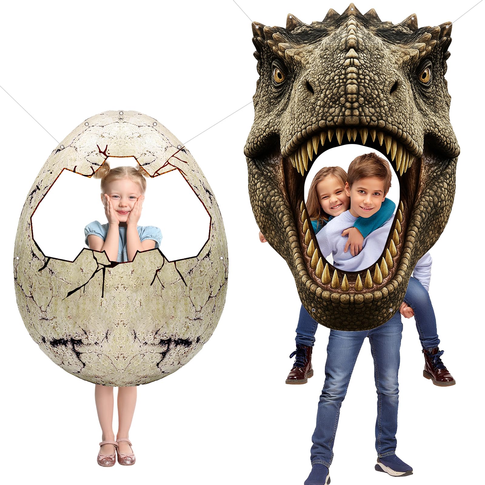 Photo 1 of *MISSING PARTS - Missing the string*
Dino Themed Photo Backdrop Set for Kids Birthday Party – Dinosaur Head and Egg Fabric Banner with Cut-Out Windows – Jungle Safari Party Decorations, Hanging Dinosaur Photo Booth Props