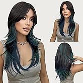 N NAYASA Brown Wigs with Bangs Long Straight Layered Wigs for Women Brown Mixed Green and Blue Wig Natural Looking Heat Resistant Synthetic Wig for Daily Party Cosplay Use 22Inch