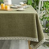 GLORY SEASON Textured Table Clothes Linen Style Rustic Washable Tablecloth Jacquard Trim Rectangle Table Cloth,Oblong Table Cover for Kitchen Dinning Tabletop Decoration Olive Green,55x70 Inch
