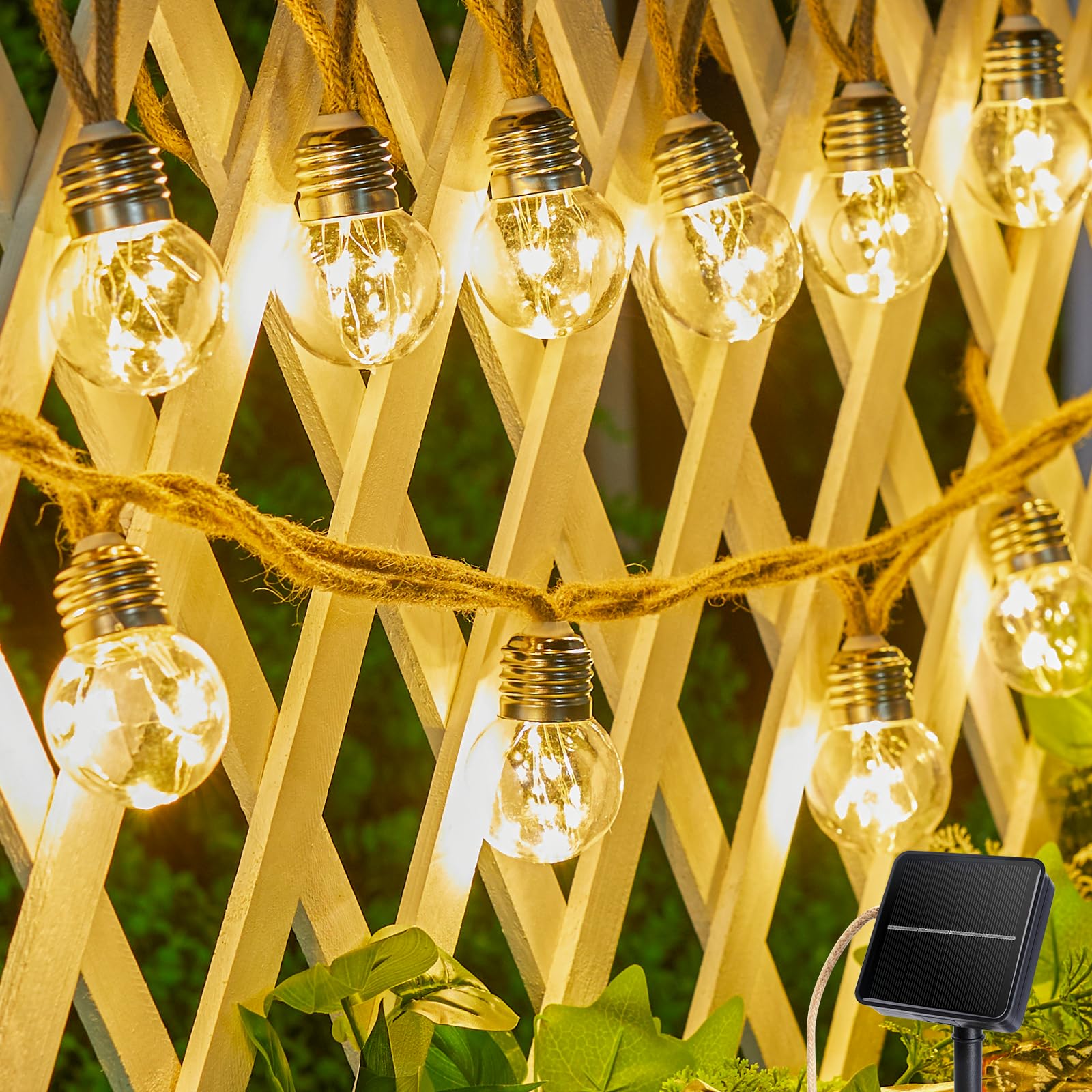 Photo 1 of Brightown Solar String Lights Outdoor, 30Ft Vintage Hemp Rope Solar Patio Lights with 15 Shatterproof Bulbs, 8 Light Modes Waterproof Hanging Lights for Backyard Fence Café Bistro Decor, Warm White