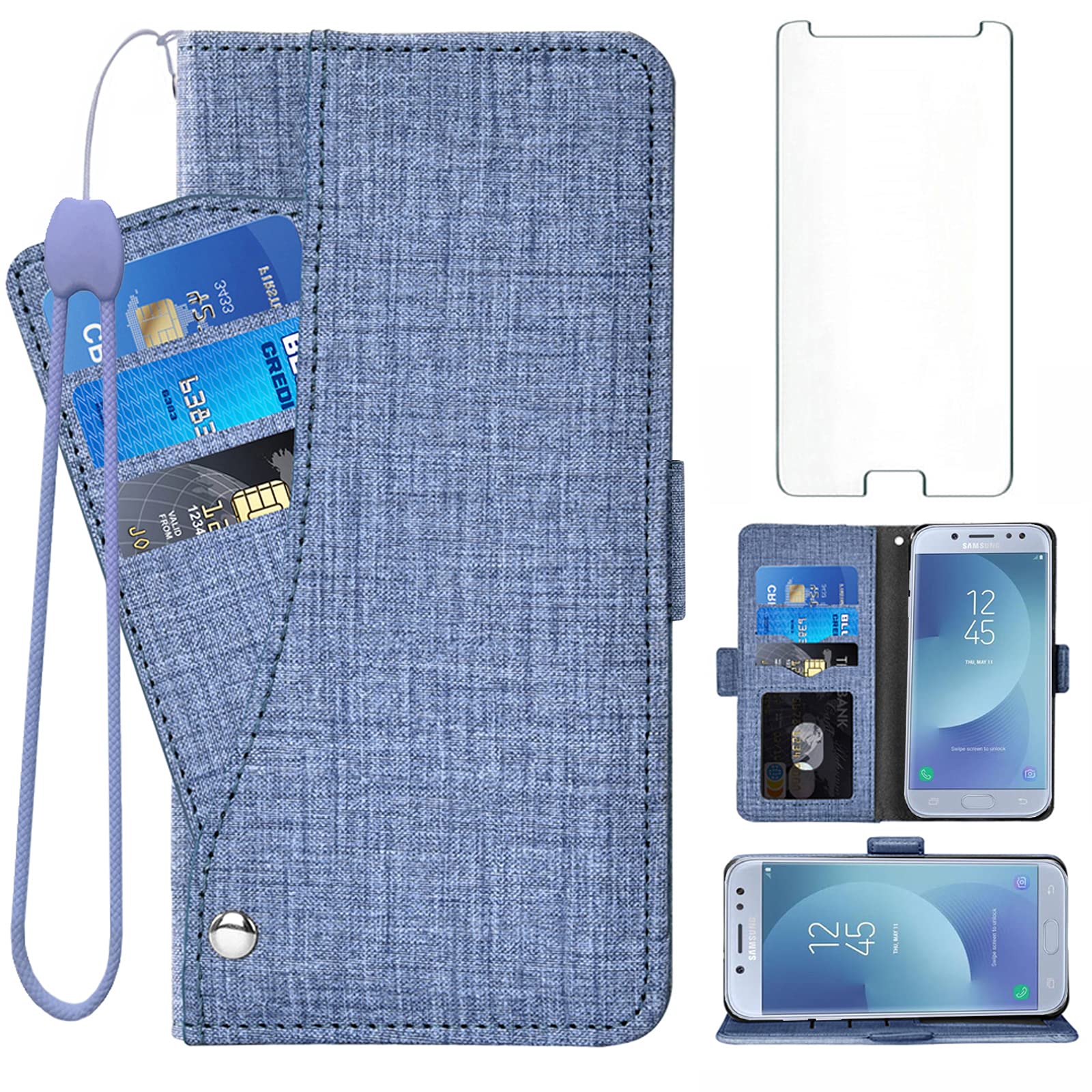 Asuwish Compatible with Samsung Galaxy J5 2017 / J5 Pro Wallet Case Tempered Glass Screen Protector and Leather Flip Cover Card Holder Stand Cell Phone Cases for Glaxay J 5 5J Gaxaly Women Men Blue