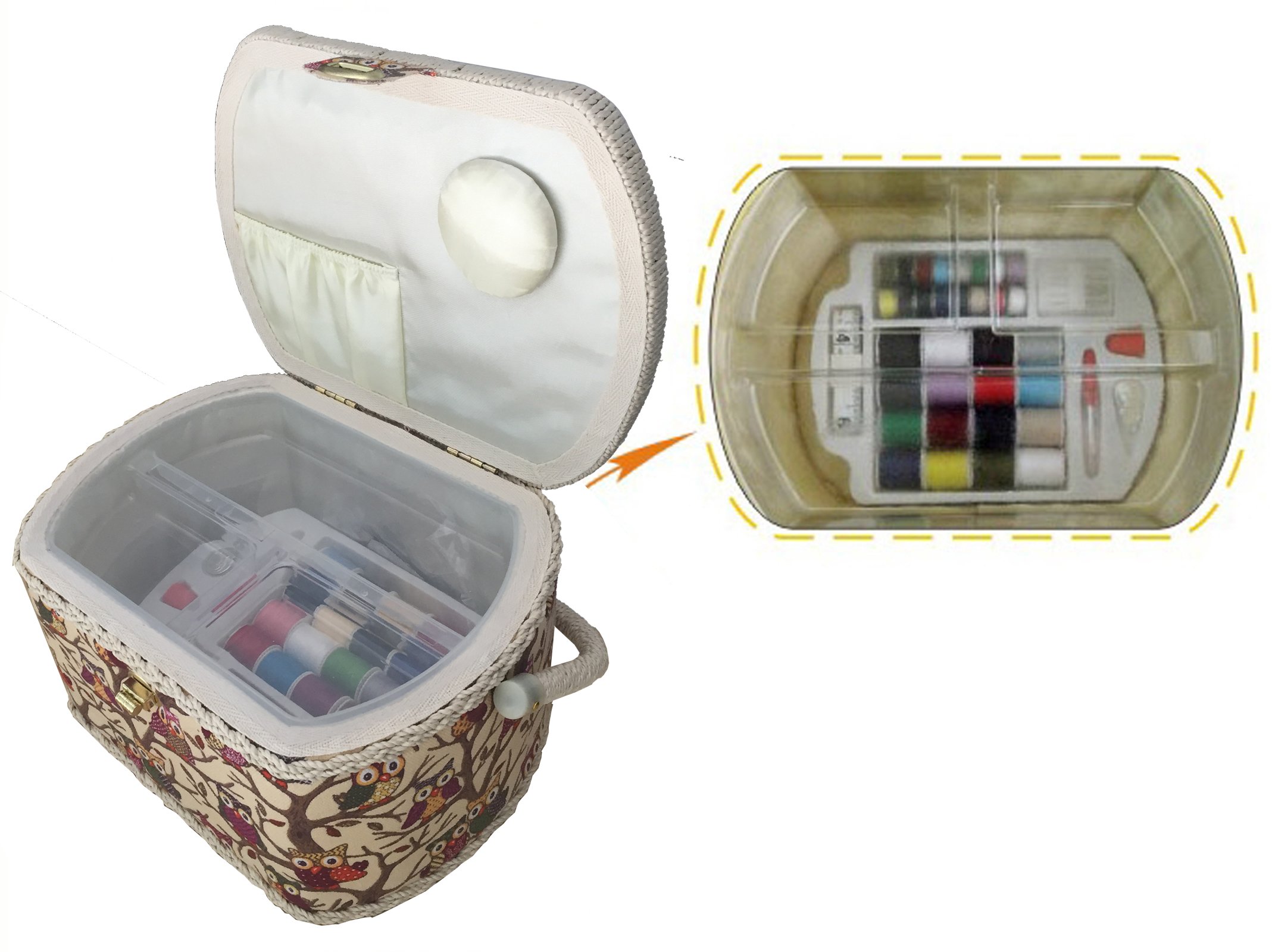 Michley Large Premium Owl-patterned Sewing Basket with 41-PC Sewing Kit, 10.5-inches by 8-inches by 6.7-inches