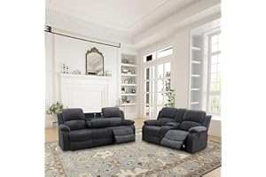 Plithzy Recliner Sofa Set Living Room Furniture, Flannel Fabric Reclining Sofa Set, Recliner Couch Set with Cup Holders and Storage Console (Sofa and Loveseat Set, Dark Grey)