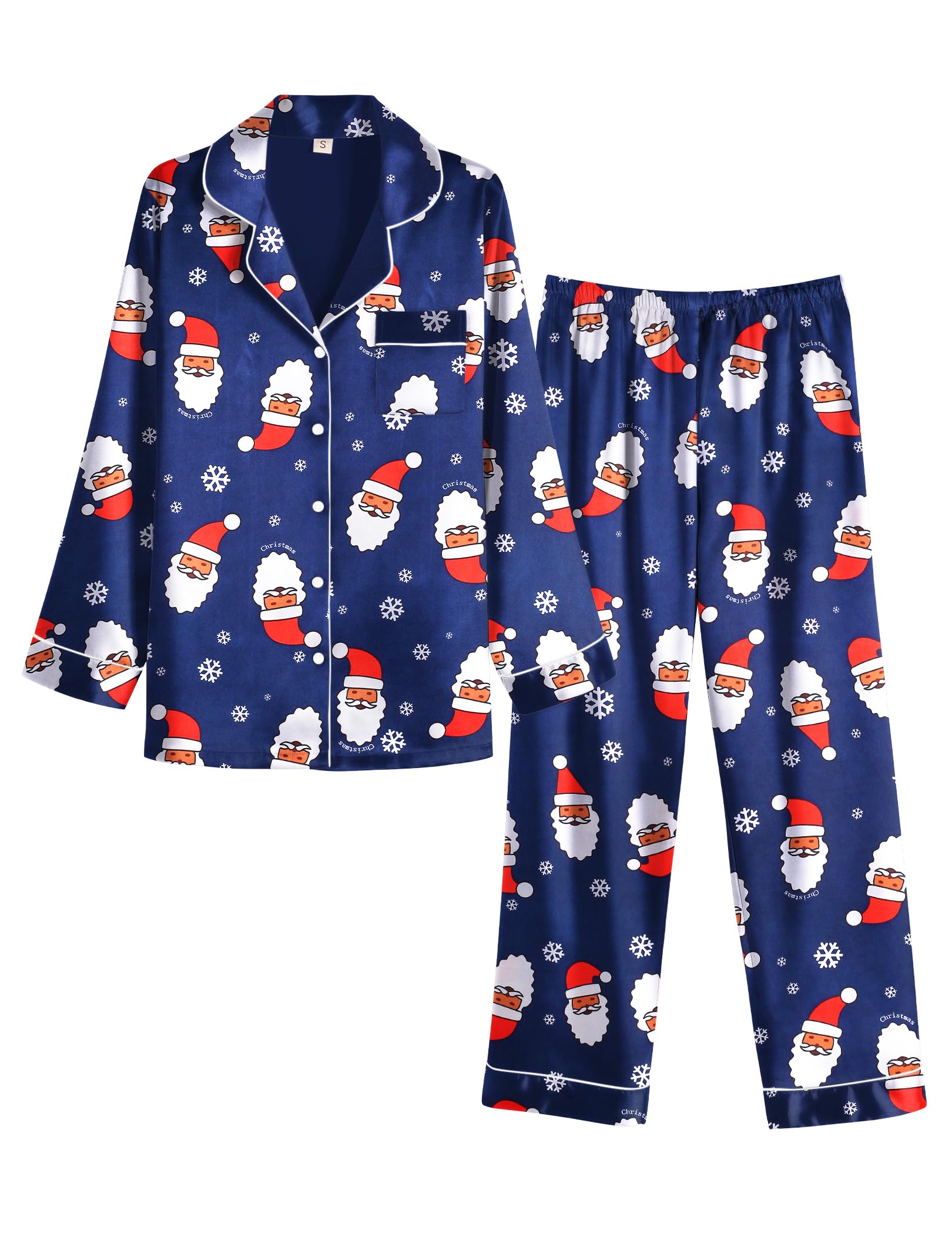 Ekouaer Women Satin Pajamas Set Classic Button Down Long Silk Pjs Set,X-Large,Navy Blue Christmas Image