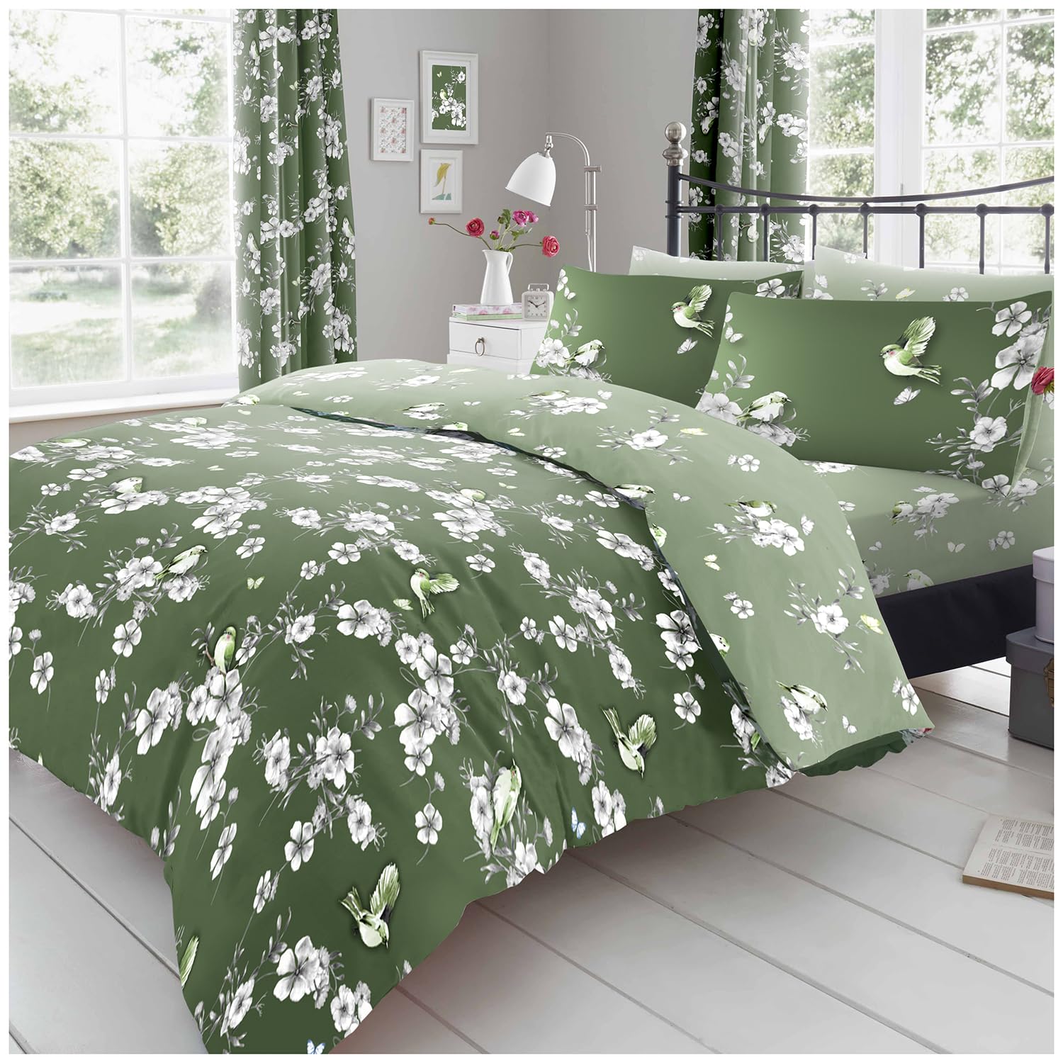 GC GAVENO CAVAILIA King Size Duvet Cover With Pillow Cases | Polycotton Quilt Bed Set | Flower Bedding Set King Size| Green