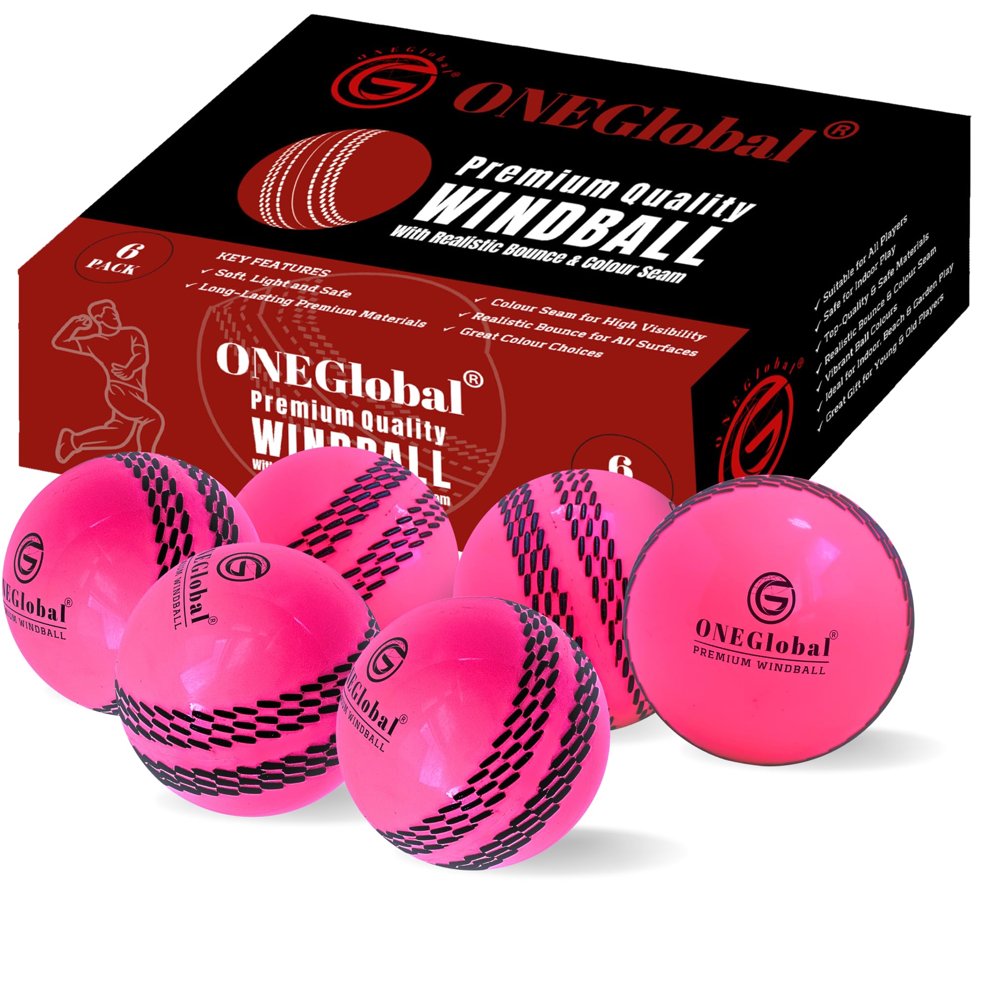 ONEGlobal Premium Windball Soft Cricket Ball | Durable & Safe, Colour Seam, True Bounce & Swing | Wind Ball for Outdoor & Indoor Practice, Coaching, Garden & Beach Games (6-Pink)