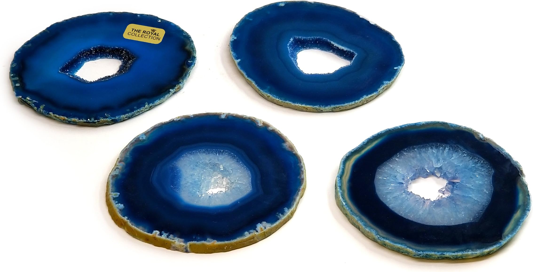 Gift Set of Four Blue Geode Center Agate Slices. Crystal Geode Druzzy Agate from Brazil. Certified Agate Information Card Included - (Blue, Geode Set)