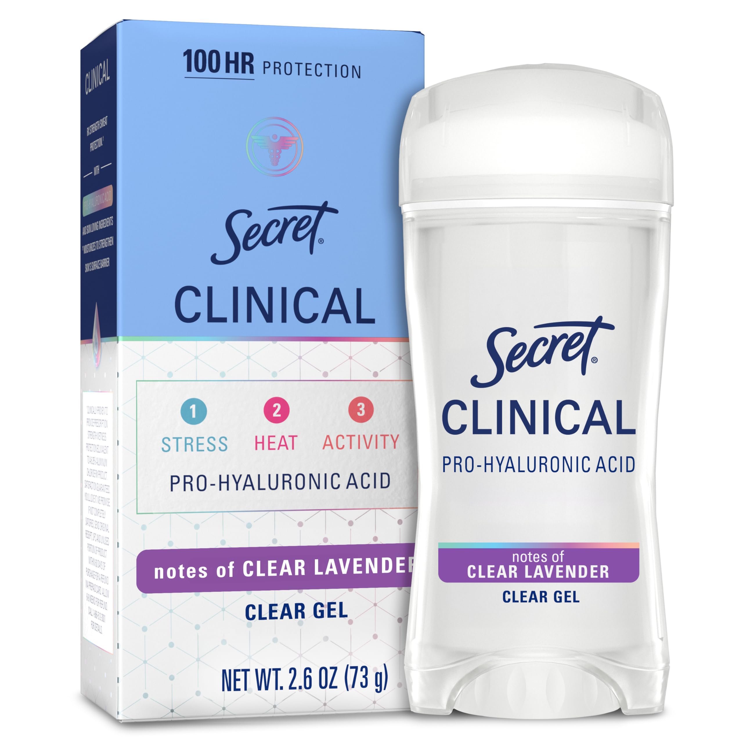 Photo 1 of *MINOR DAMAGE - USED*
Secret Clinical Strength Antiperspirant Deodorant for Women, 100hr Sweat & Odor Protection, 3X Stress Protection with Hyaluronic Acid, PH Balancing Minerals, Clear Gel, Clear Lavender Scent, 2.6 oz