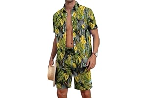 YTD Mens Flower Hawaiian 2 Piece Outfit Sets Short Sleeve Beach Casual Button Down Shirt and Shorts Suits