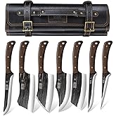 HOSHANHO Butcher Knife Set, Hand Forged Butcher Chef Knife Set with Roll Bag, Sharp Meat Cleaver Knife & Bone Chopper Knives & Fillet Knives for Home & Camping & BBQ Gift for Men