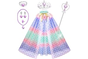 Fedio Princess Cape Set 7 Pieces Girls Princess Cloak with Tiara Crown, Wand for Little Girls Dress up (Mermaid)