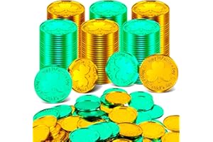 DSLSQD 100 Piece Gold Green Lucky Coins, Spinlala St. Patrick's Day Gold Coins Plastic Leprechaun Shamrock Embossed Coins for Happy St Patrick’s Day Party Decorations Supplies Green/Gold