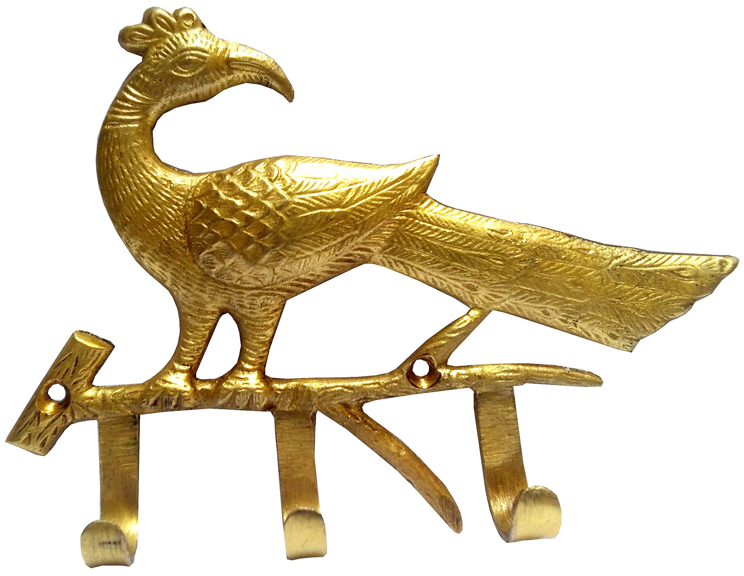 Purpledip Brass Wall Hooks 'Proud Peacock': Vintage Design Decorative Hanger (11822)