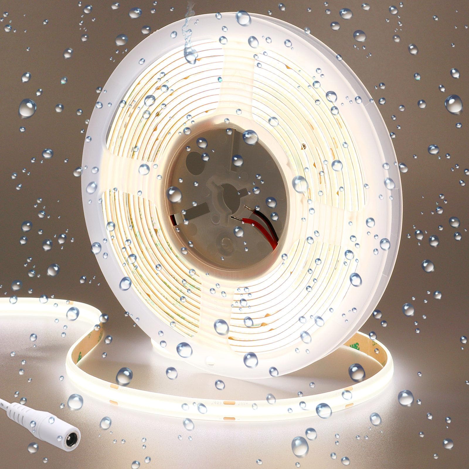 GOMING 24V COB LED Strip Light Natural White 4000K 5M/16.4ft 2400LEDs IP65 Waterproof Uniform Glow CRI 93+ Flexible LED Tape Lights for DIY Cabinet Bedroom Kitchen Home Decor (No Power Supply)