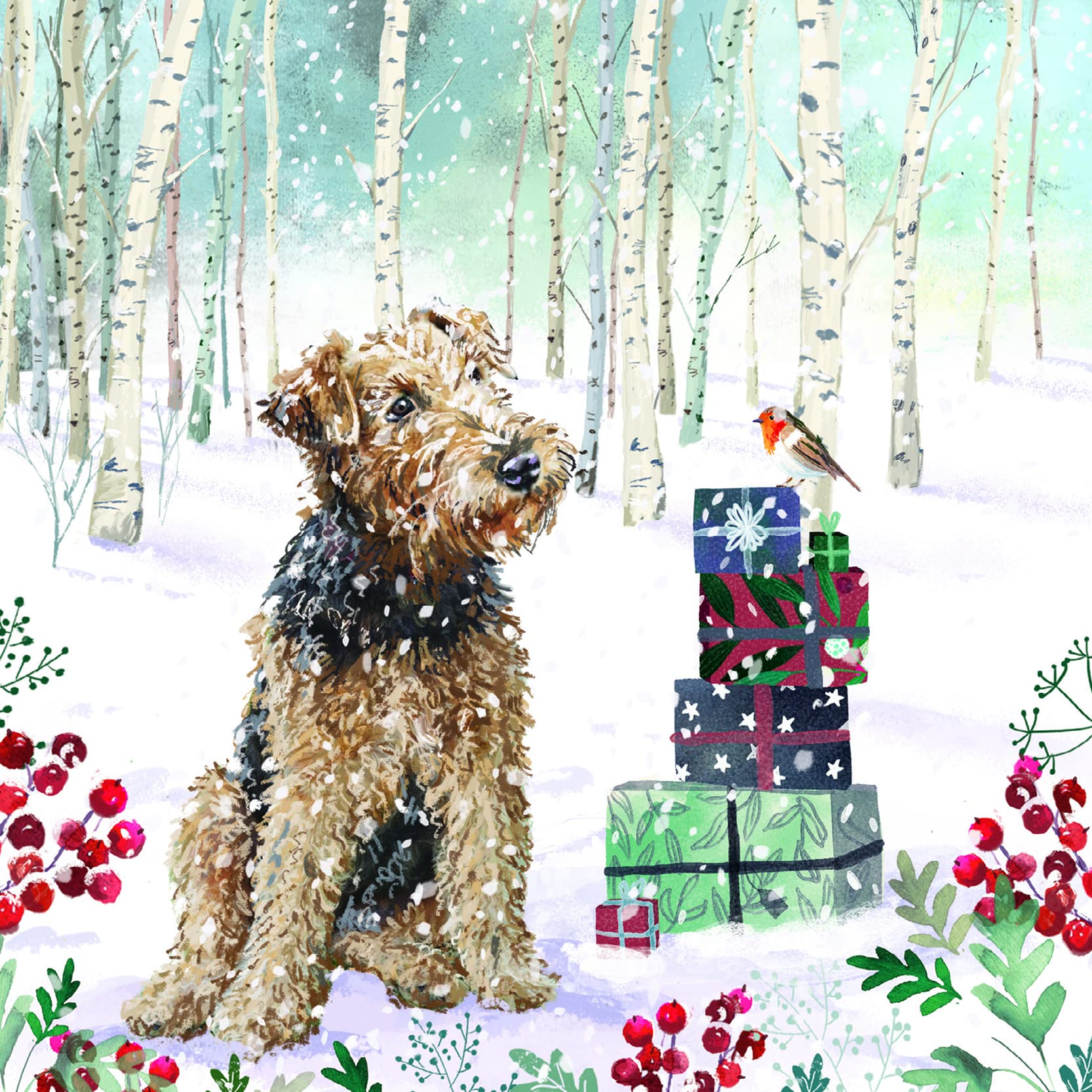 GBCC Ling Design Pack of 6 Premium Charity Christmas Cards - Festive Dog & Robin in the Snow - From The Great British Card Company - Supporting UK Charities