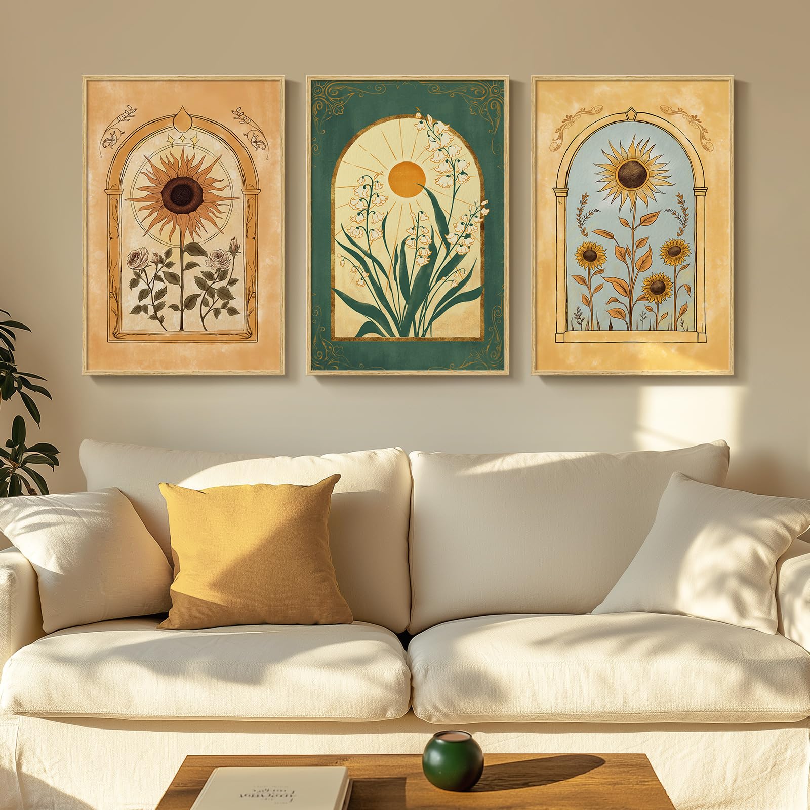 Photo 1 of Framed Boho Sunflower Wall Art for Living Room, Large Yellow Emerald Green Floral Canvas Artwork for Walls, 3 Piece Bohemian Sun Lily of the Valley Wall Art Prints for Bedroom Wall Decor, 16x24 In